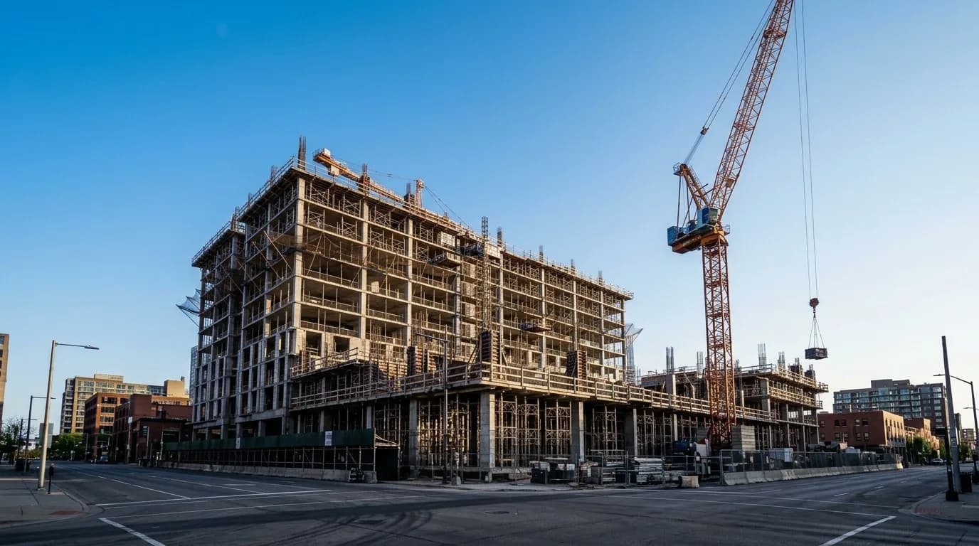 Mid-rise concrete building under construction with a tower crane on a city street corner in evening light