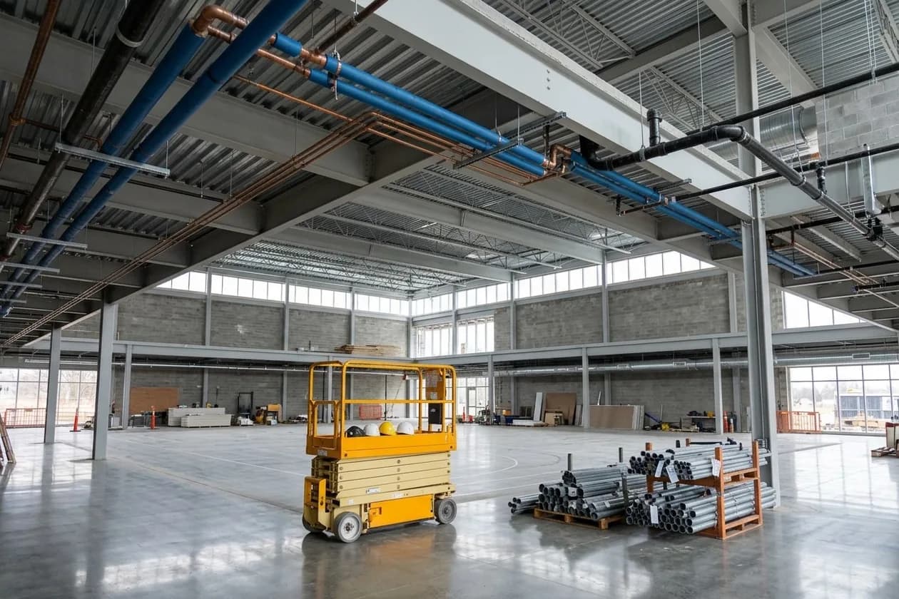 Gymnasium of a community activities center under construction with insulated copper water piping and drain lines on hangers below the steel roof deck