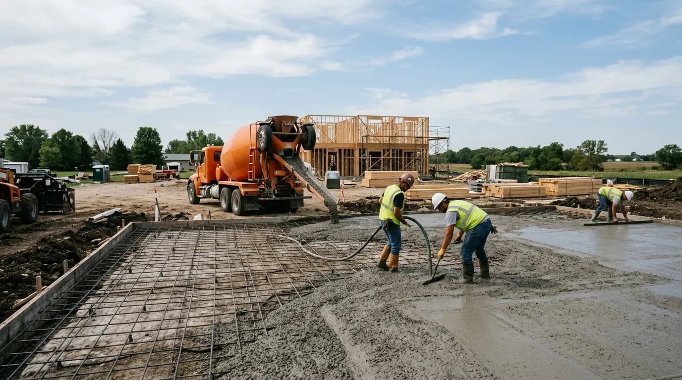 Crew placing and screeding a reinforced concrete slab while a ready-mix truck discharges concrete on a residential job site