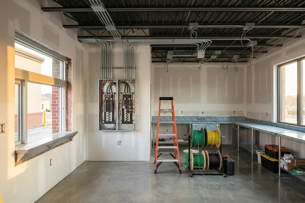 Interior of a drive-thru beverage shop under construction with two open electrical panels, EMT conduit runs, junction boxes, wire spools and a drive-thru service window