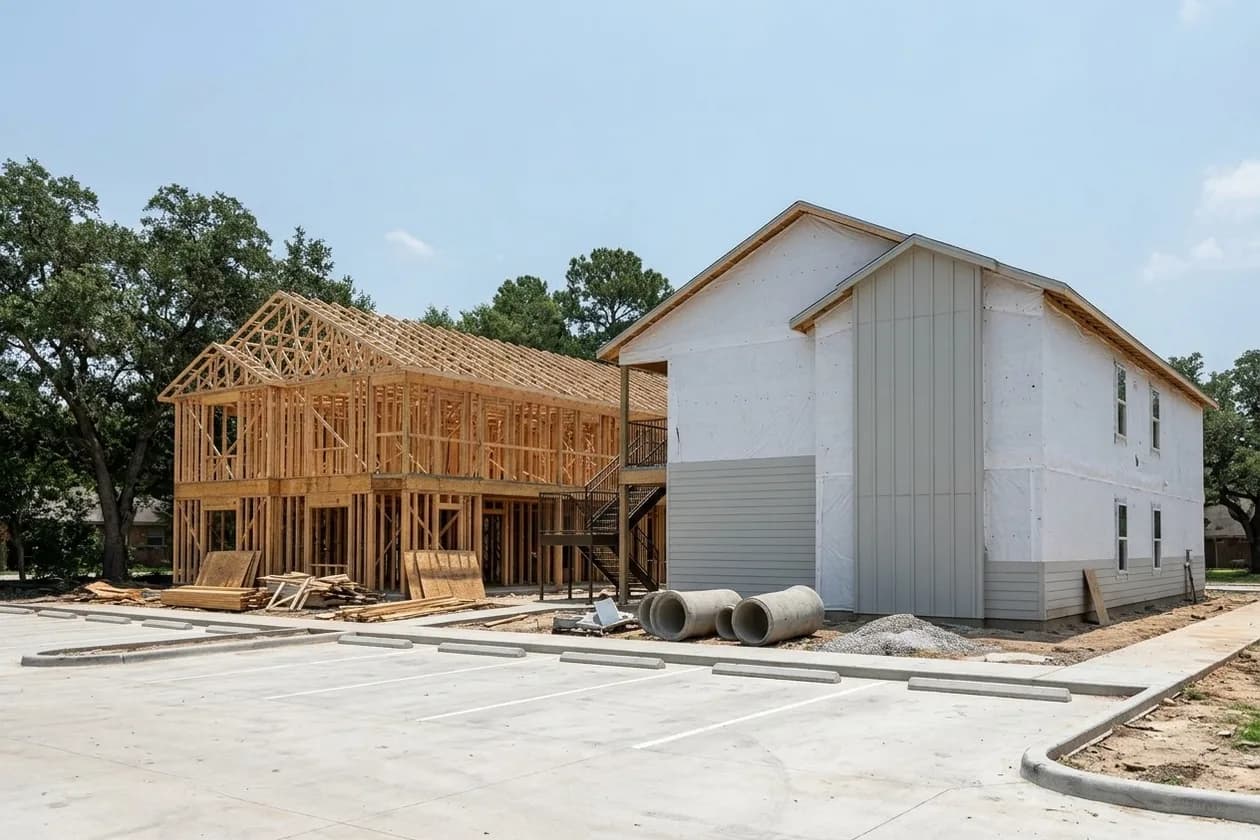 Two apartment buildings under construction: one in open wood framing with roof trusses, the other in house wrap with gray fiber cement siding, beside a new concrete parking lot and storm pipe