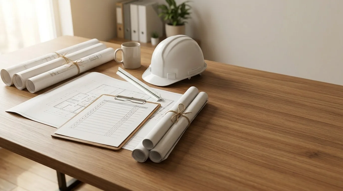 Rolled construction plans, a floor plan, a checklist on a clipboard, a scale ruler and a white hard hat on a wooden desk