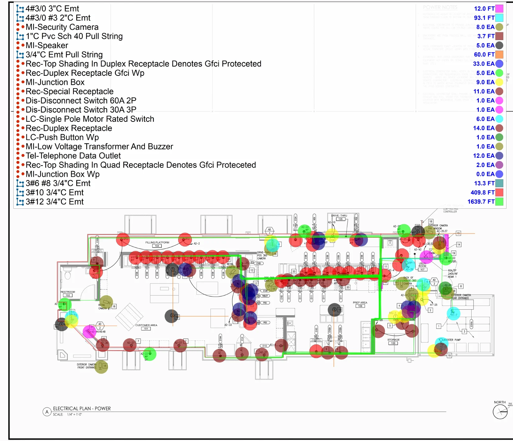 Electrical power plan takeoff markup with color-coded symbols and a legend of conduit lengths and device counts