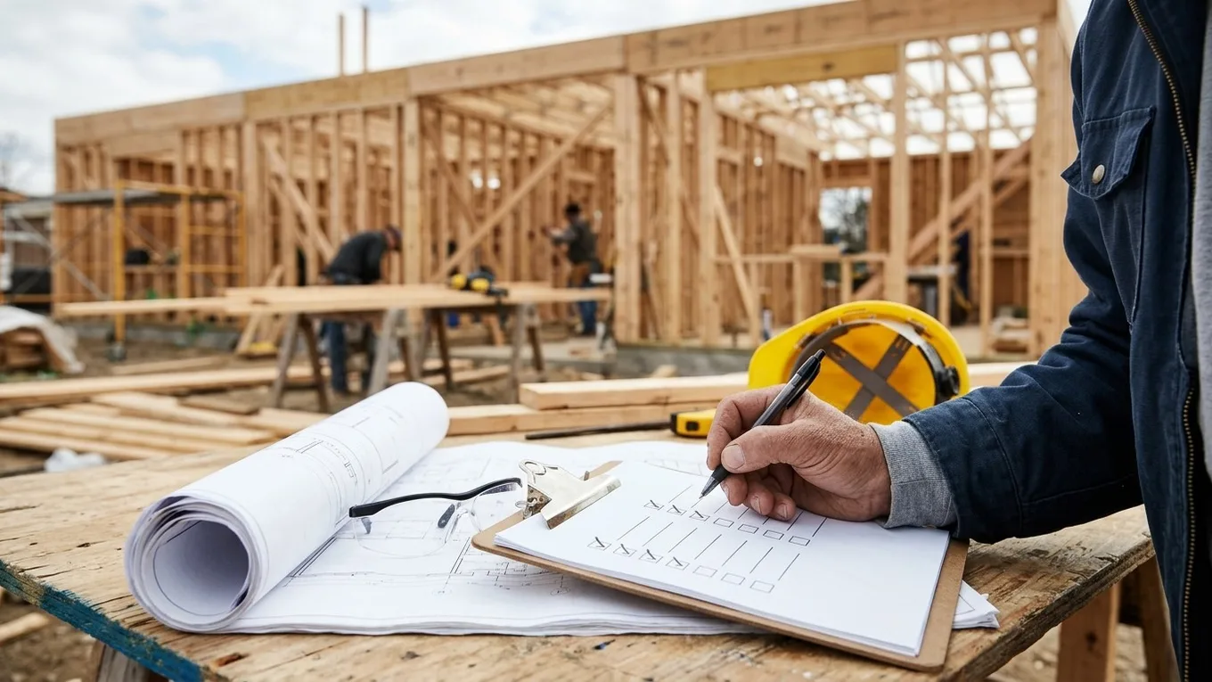 Contractor ticking boxes on a clipboard checklist next to rolled construction drawings, safety glasses and a hard hat, with a wood-frame building going up behind