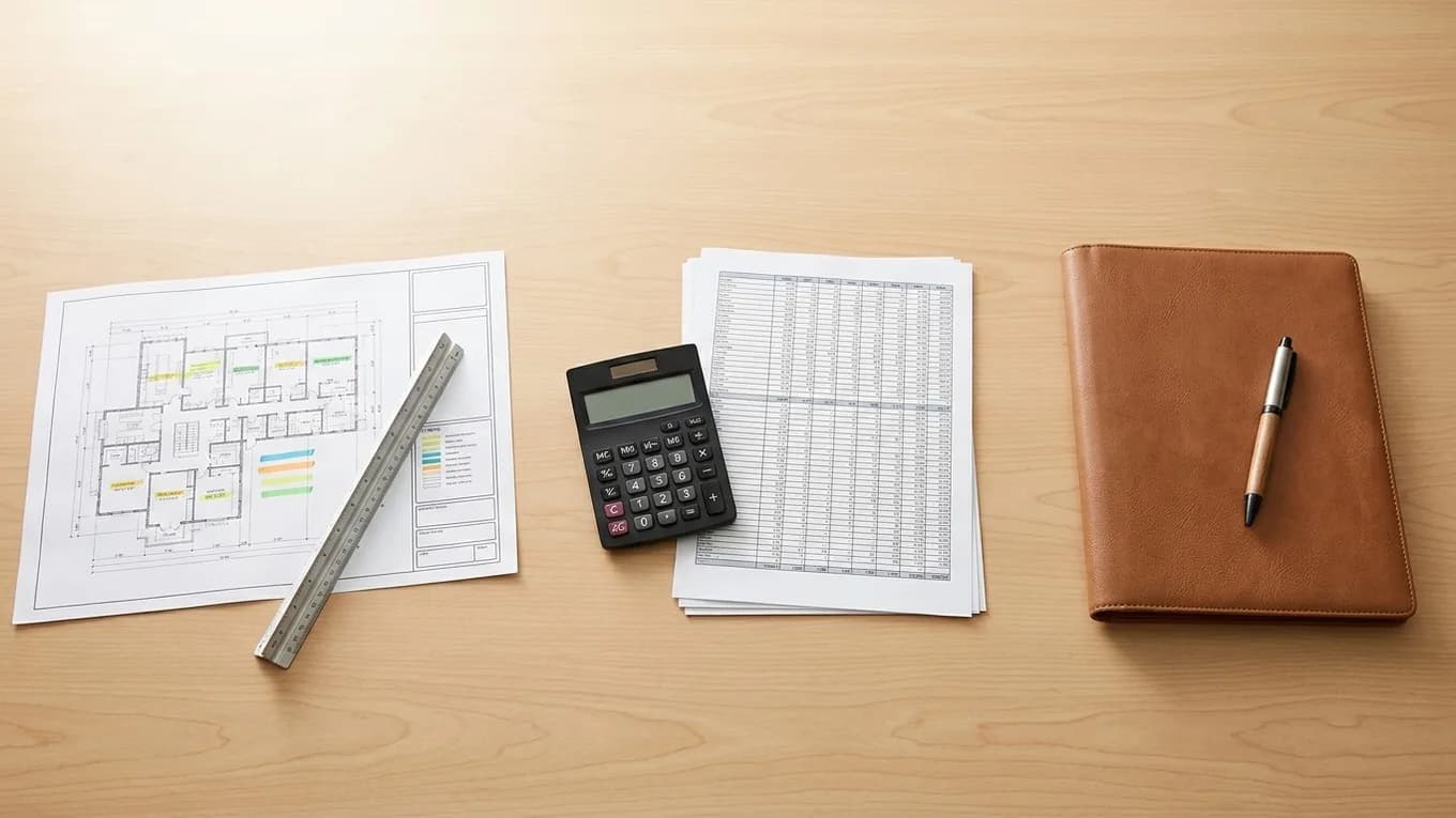 Overhead view of a desk with a highlighted floor plan and scale ruler, a calculator on a spreadsheet printout, and a leather folder with a pen