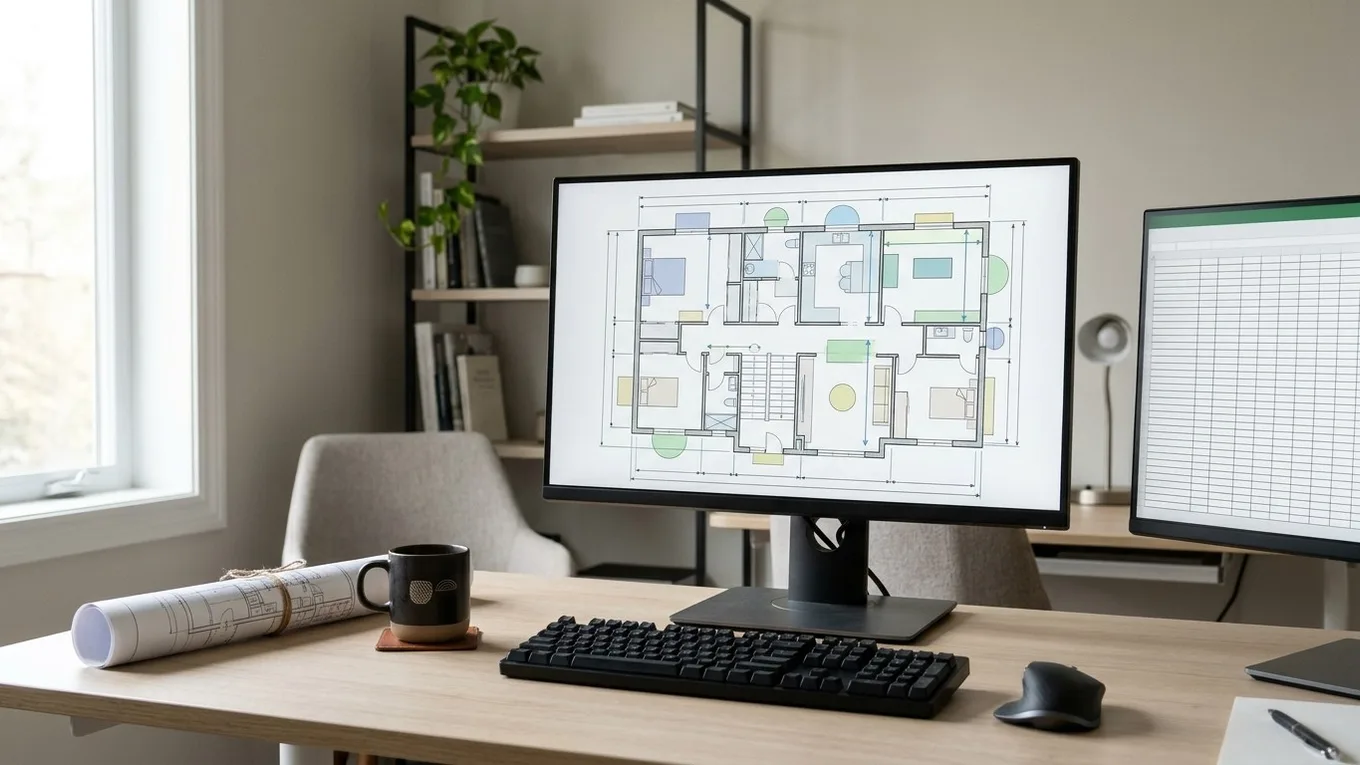 Home office desk with a monitor showing a color-coded floor plan takeoff, a second screen with a spreadsheet, rolled blueprints and a coffee mug