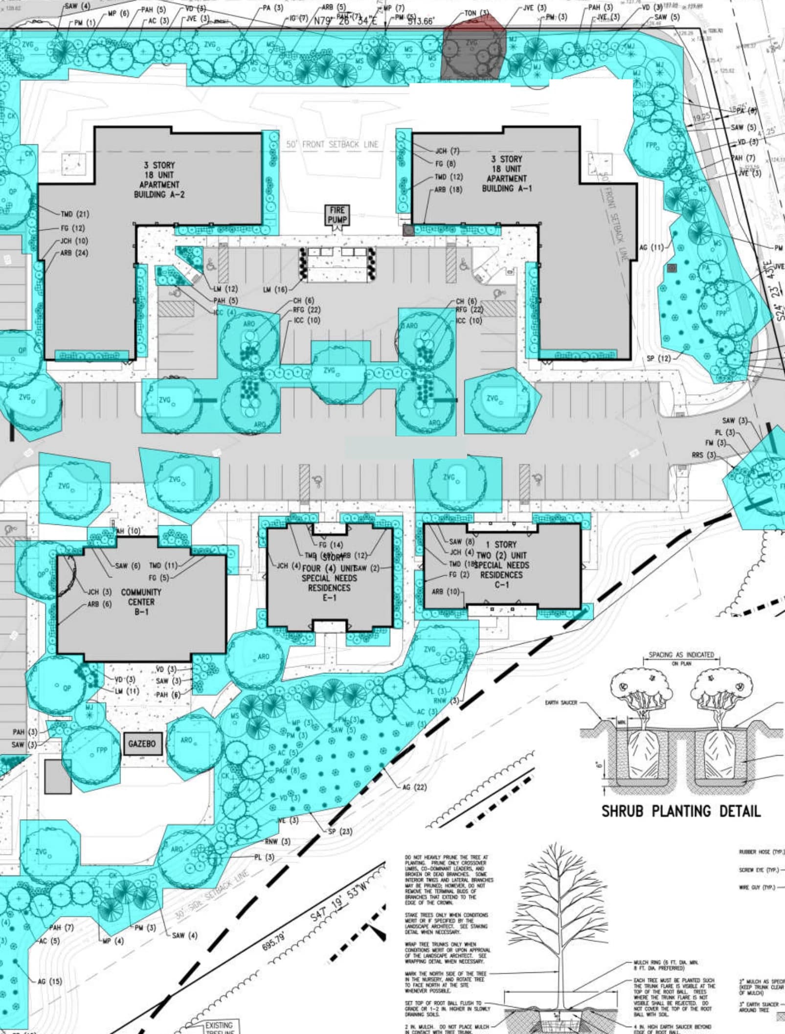 Landscape plan takeoff markup with planting beds highlighted and plant symbols labeled by species and count