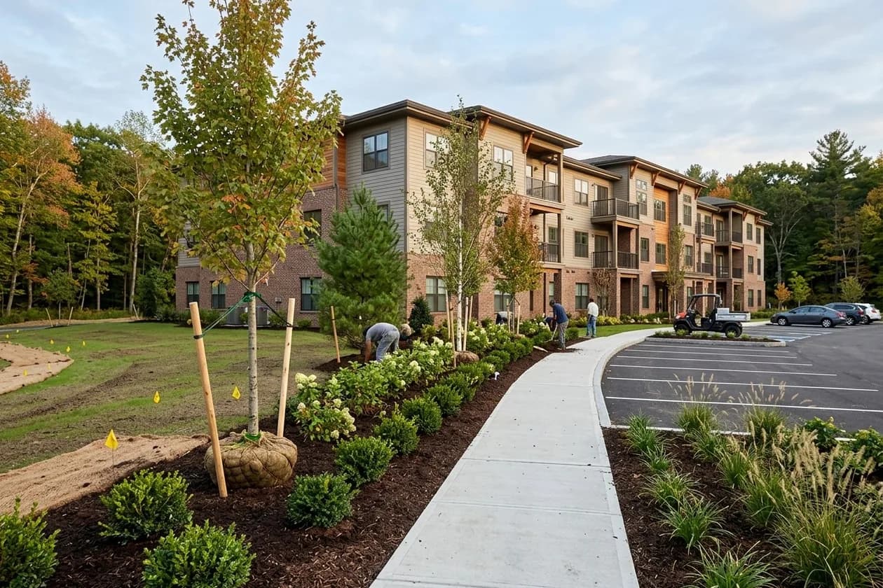 Crew installing staked trees, shrubs and ornamental grasses in mulch beds along a sidewalk at a new three-story apartment community