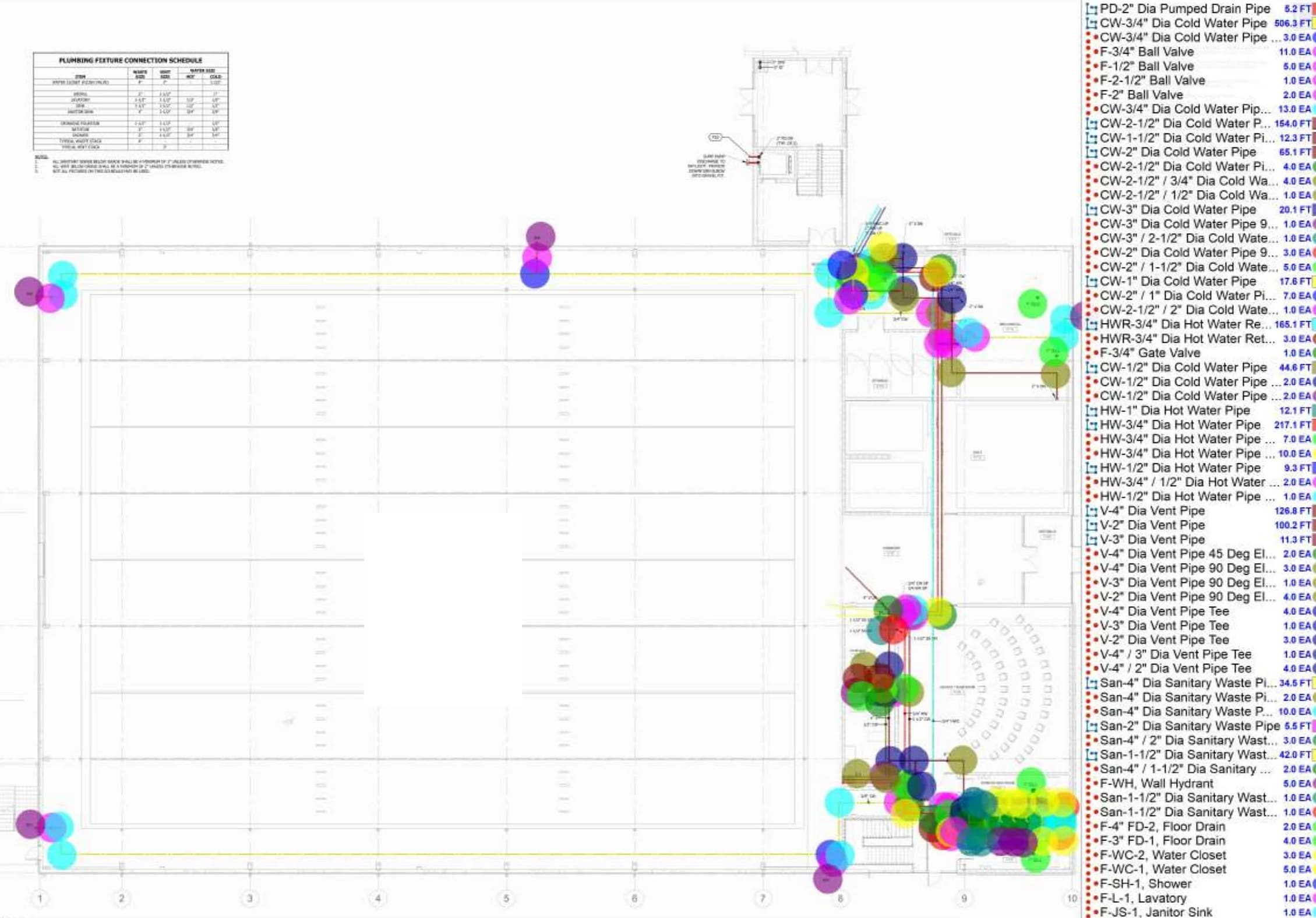Plumbing takeoff markup: level 1 floor plan with color-coded points for pipes, fittings and fixtures and a legend of measured quantities